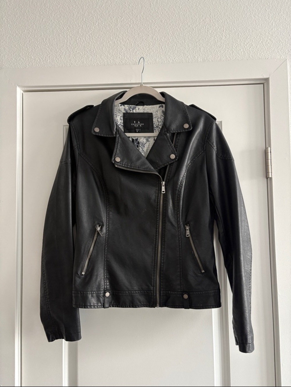 Women's Black Faux Leather Biker Jacket with Zip Pockets